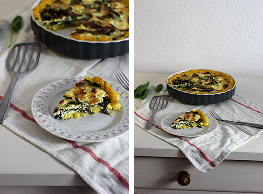 Polenta-Quiche mit Spinat-Feta-Füllung - vegetarisches Quiche-Rezept